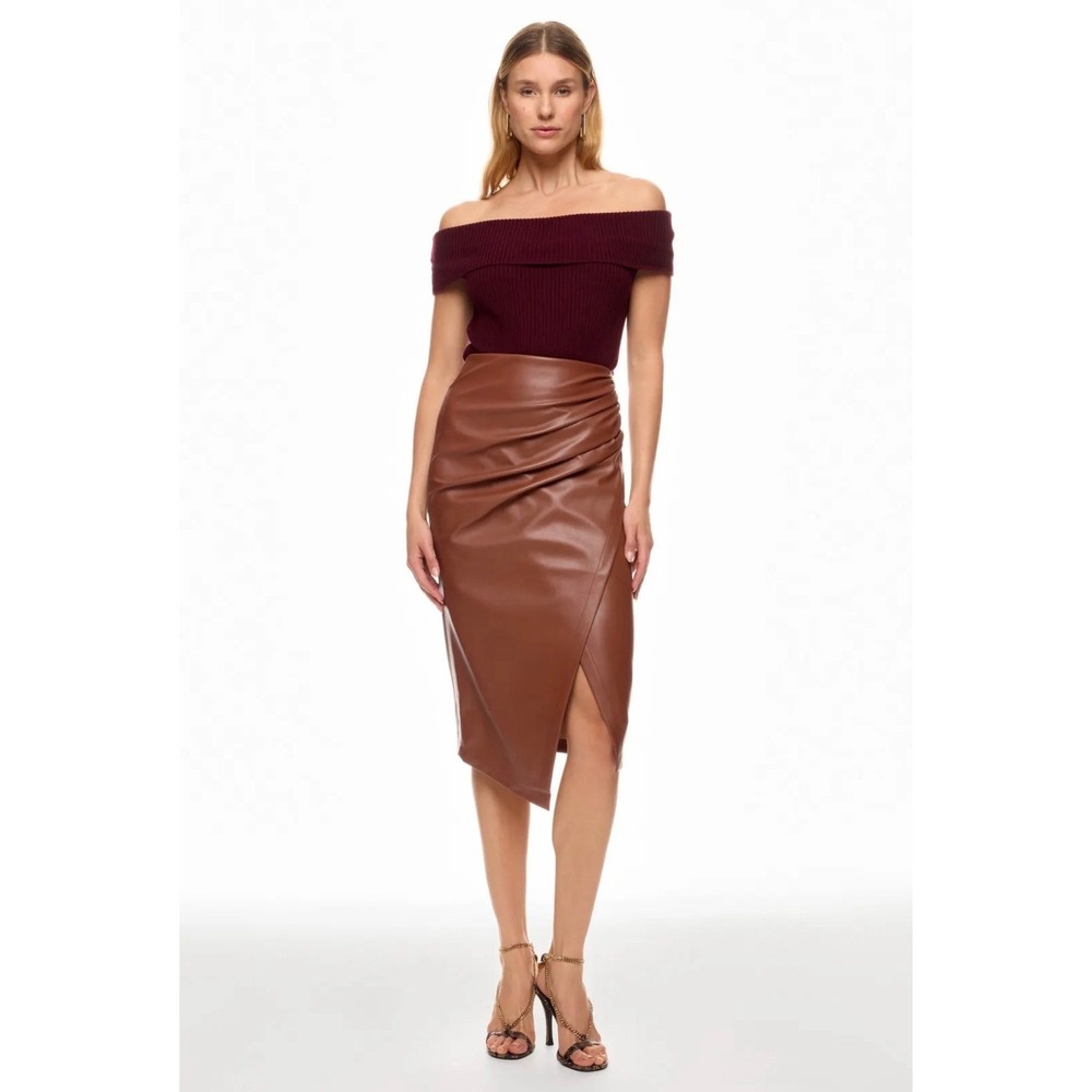 Jason Wu $270 Faux Leather Ruched Midi Skirt Cognac Brown Size XS